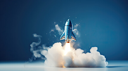 Toy rocket takes spewing smoke on a blue background the symbol for success is startup education and knowledge, Generative Ai