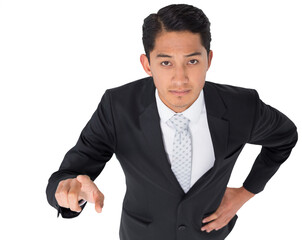 Digital png photo of asian businessman pointing with finger on transparent background