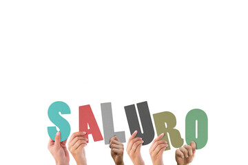 Digital png illustration of hands holding saluro text on transparent background