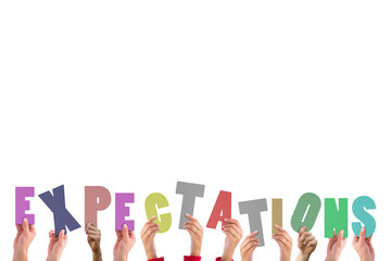 Digital png illustration of hands holding expectations text on transparent background