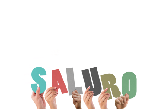 Digital png illustration of hands holding saluro text on transparent background - Powered by Adobe
