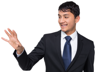 Digital png photo of smiling asian businessman reaching out with hand on transparent background