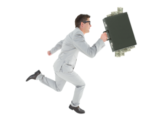Digital png photo of smiling caucasian businessman running with suitcase on transparent background