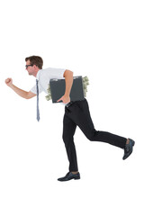 Obraz premium Digital png photo of caucasian businessman running with suitcase on transparent background
