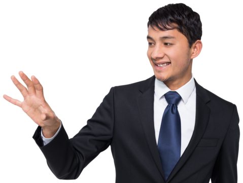 Digital png photo of smiling asian businessman reaching out with hand on transparent background - Powered by Adobe