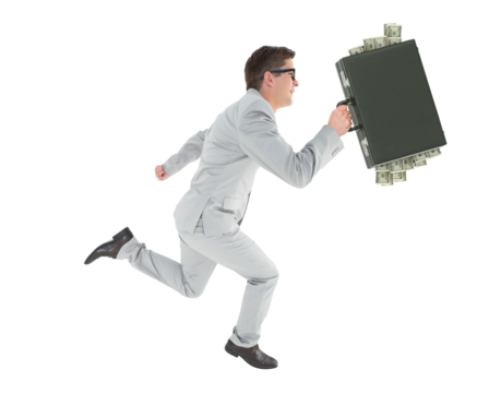Digital png photo of smiling caucasian businessman running with suitcase on transparent background