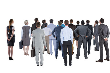 Digital png photo of group of business people looking up on transparent background