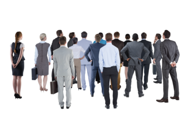 Digital png photo of group of business people looking up on transparent background