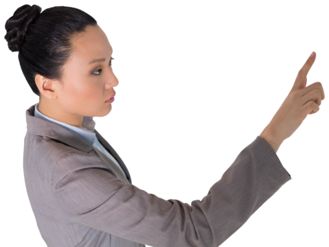Digital png photo of asian businesswoman pointing with finger on transparent background