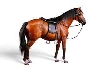 Brown horse in saddle miniature animal on white background