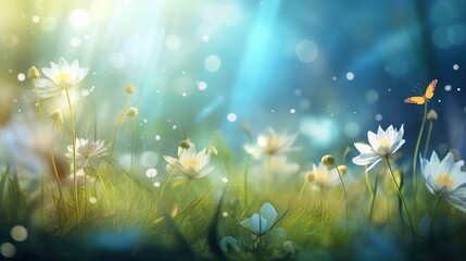 Fototapeta na wymiar green grass and sun, field of dandelions , abstract bokeh background