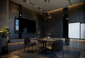Minimal dining room interior with black tones. 3D illustration rendering