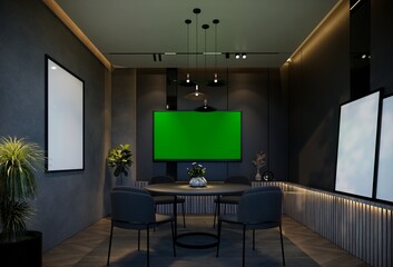 Minimal dining room interior with black tones. 3D illustration rendering