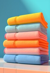 Careful Comfort" - Impeccably folded bath towels presented with precision in a minimalist pop art style, ensuring a neat and hygienic atmosphere.