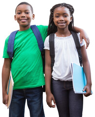 Digital png photo of african american schoolboy and schoolgirl embracing on transparent background