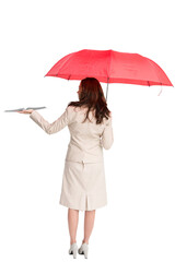 Digital png photo of caucasian businesswoman under umbrella holding book on transparent background