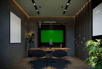 Minimal dining room interior with black tones. 3D illustration rendering