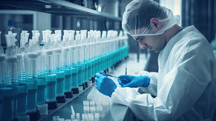 Lab technician looking at medical vials