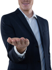 Digital png photo of caucasian businessman with open hand on transparent background