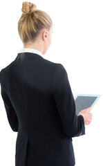Digital png photo of caucasian businesswoman using tablet on transparent background