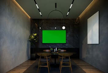 Minimal dining room interior with black tones. 3D illustration rendering
