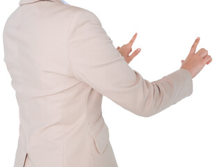 Digital png photo of caucasian businesswoman using virtual interface on transparent background