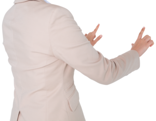 Digital png photo of caucasian businesswoman using virtual interface on transparent background