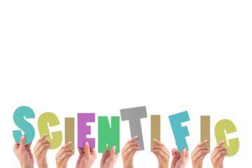 Digital png illustration of hands with scientific text on transparent background