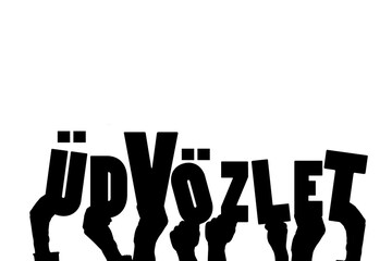 Digital png illustration of hands with udvozlet text on transparent background