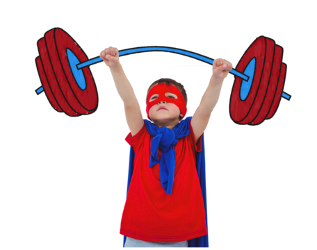 Digital png photo of focused asian superhero boy lifting barbell on transparent background