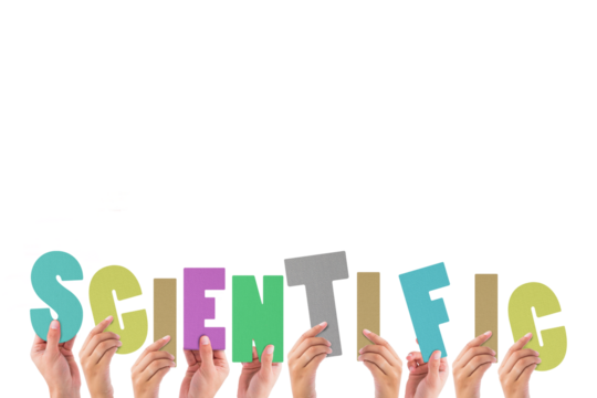 Digital png illustration of hands with scientific text on transparent background - Powered by Adobe