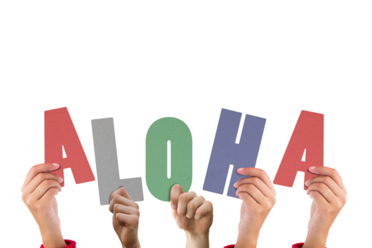 Digital png illustration of hands with aloha text on transparent background - Powered by Adobe