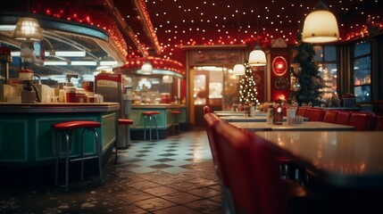 Fototapeta na wymiar interior of retro fast food restaurant with xmas christmas lights generative art