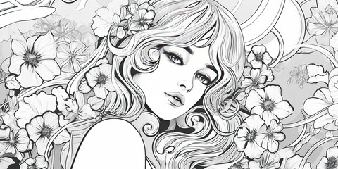 gray scale illustration of woman surrounded by floral patterns, art nouveau, generative AI