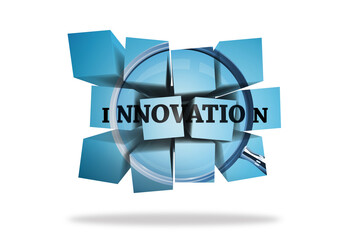 Digital png illustration of innovation text on blue cubes on transparent background