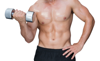 Digital png photo of caucasian man holding dumbbell on transparent background