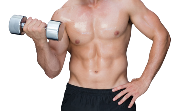 Digital png photo of caucasian man holding dumbbell on transparent background