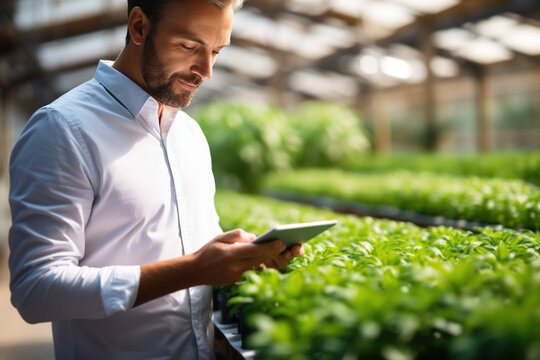 Close-up of young businessman farmer man analyzing agricultural strategy in greenhouse using tablet indoors, copy space