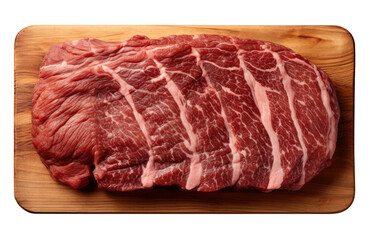 Fototapeta premium Piece of beef on cutting board isolated on transparent background, top view