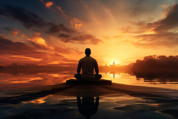 Man in the lotus position at sunset. Generative AI