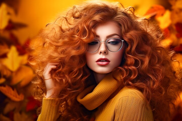 Fototapeta premium Young beautiful woman with red curly hair and yellow leaves around and behind her
