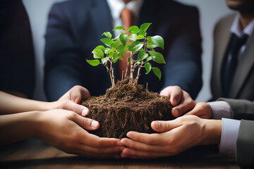Environmental cooperation. Unity of businesspeople and community together protecting small sprout with hands. Future environmental conservation and sustainable ESG modernization development.