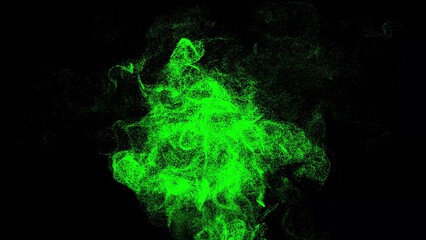 Slow motion of green vapor comes from below over black background. Chaotic flow of green particles. 3D animation.
