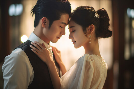 A pre-wedding moment captures a young couple in each other's arms, symbolizing their strong commitment, against a timeless backdrop. Generative AI.