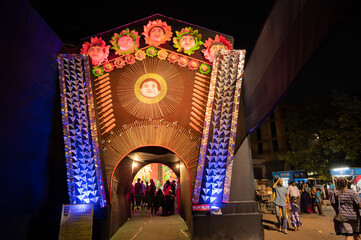 Devotees visiting nicely decorated Durga Puja pandal. Durga Puja is biggest festival of Hinduism