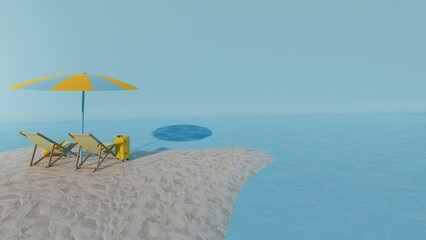 Travel and vacation background. 3D illustration with beautiful blue ocean and island background.background summer design with blank space for text.