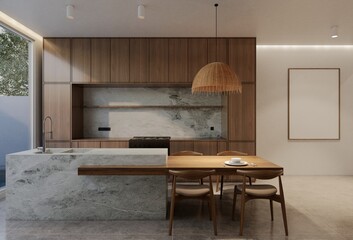 Minimal wooden kitchen and dining table. 3D illustration rendering