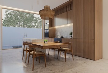 Minimal wooden kitchen and dining table. 3D illustration rendering