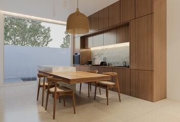 Minimal wooden kitchen and dining table. 3D illustration rendering