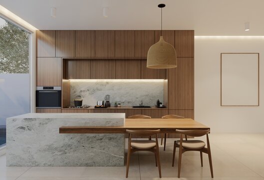 Minimal wooden kitchen and dining table. 3D illustration rendering